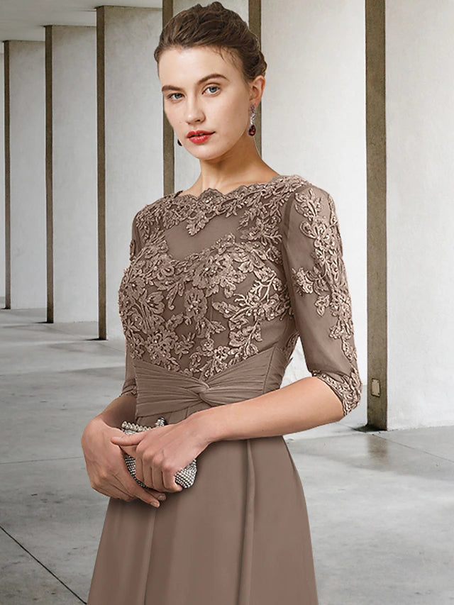 A-Line Mother of the Bride Dress Plus Size Elegant Jewel Neck Ankle Length Chiffon Lace Half Sleeve with Ruched Beading