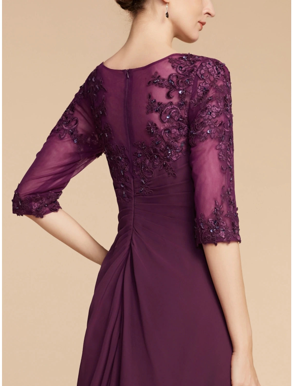 Sheath / Column Mother of the Bride Dress Wedding Guest Elegant Scoop Neck Floor Length Chiffon Lace Half Sleeve with Pleats