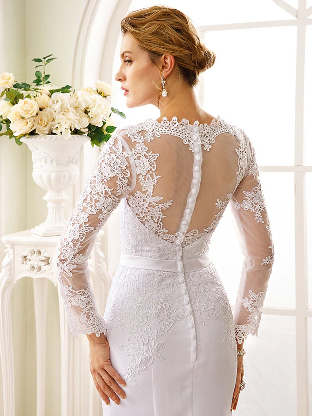 Engagement Open Back Formal Wedding Dresses Court Train Mermaid / Trumpet Long Sleeve Illusion Neck Chiffon With Sash