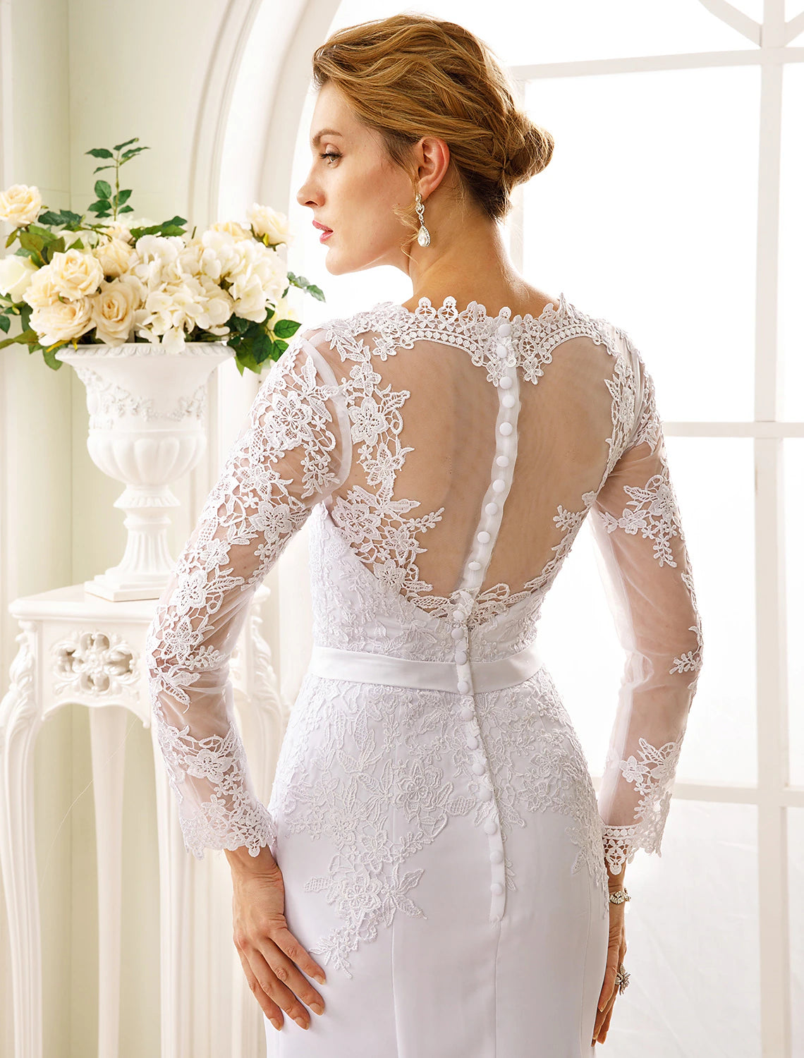 Engagement Open Back Formal Wedding Dresses Mermaid / Trumpet Illusion Neck Long Sleeve Court Train Chiffon Bridal Gowns With Sash