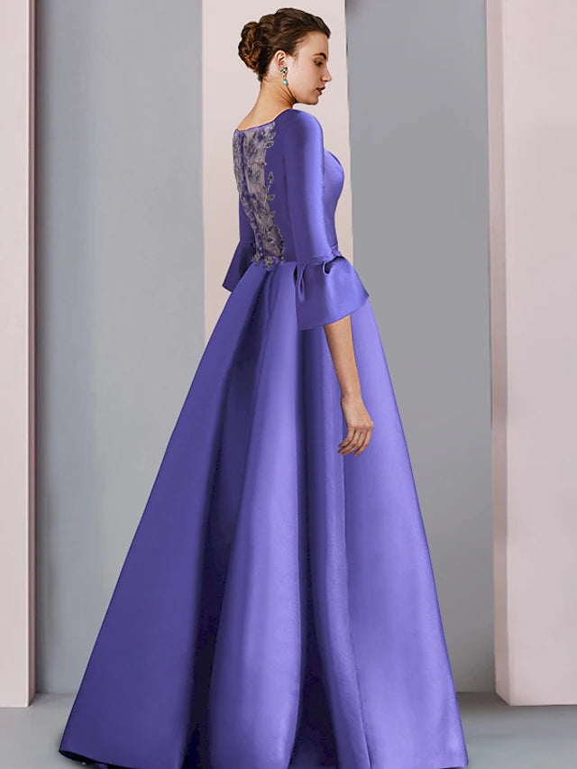 A-Line Mother of the Bride Dress Formal Party Elegant Scoop Neck Floor Length Satin 3/4 Length Sleeve