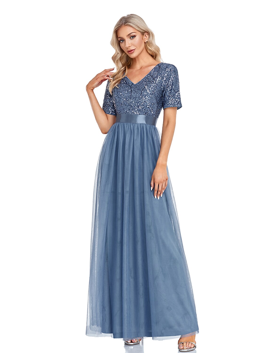 A-Line Evening Gown Elegant Dress Wedding Guest Floor Length Short Sleeve V Neck Tulle with Sequin