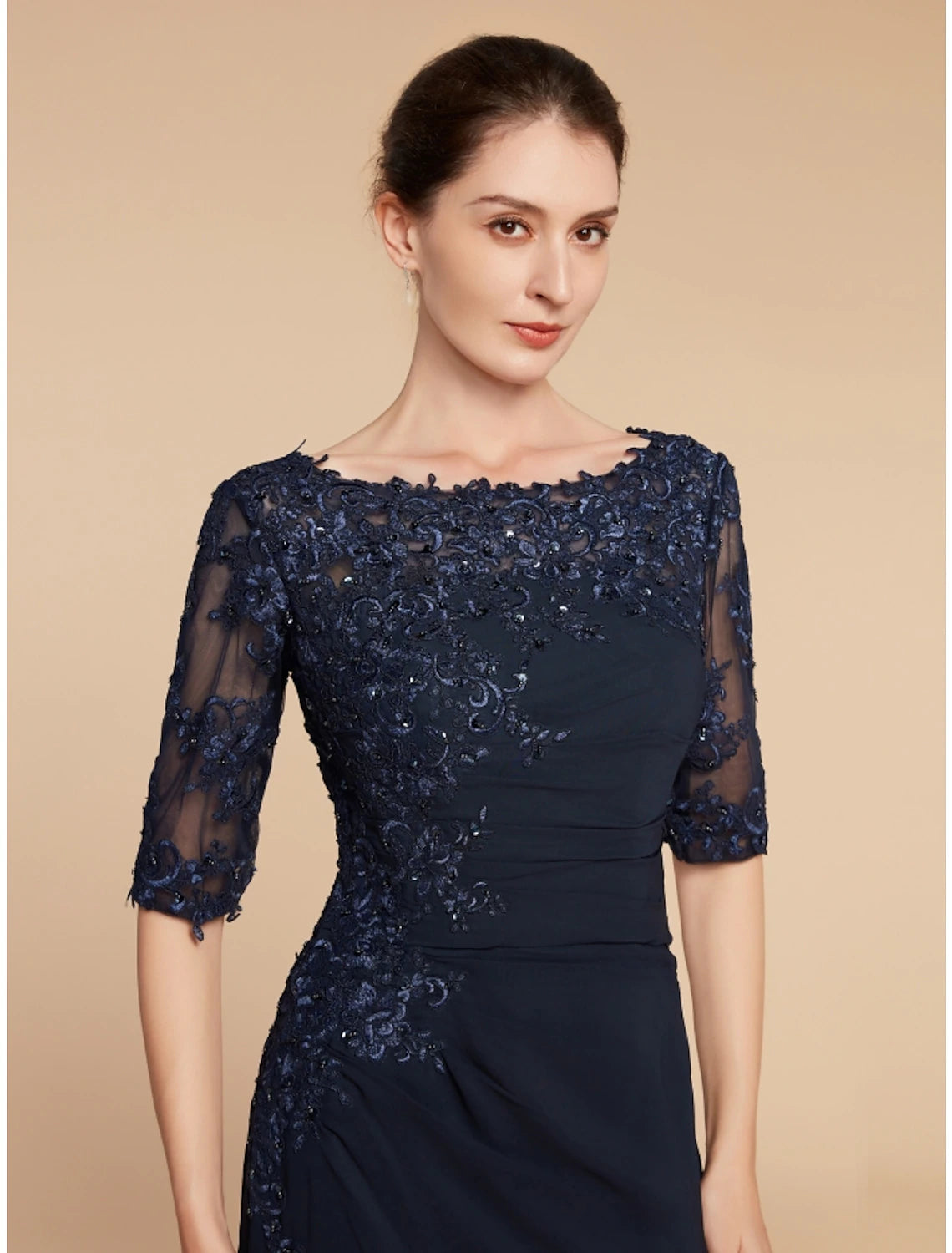 Sheath / Column Mother of the Bride Dress Wedding Guest Elegant Scoop Neck Ankle Length Chiffon Lace Half Sleeve with Sequin Ruching