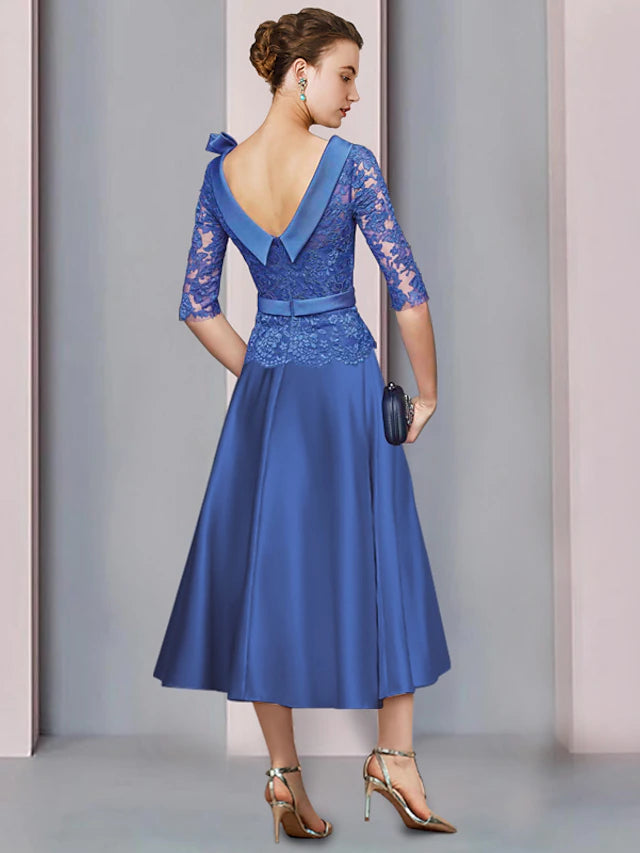 A-Line Mother of the Bride Dress Formal Church Party Elegant Jewel Neck Tea Length Satin Lace Half Sleeve with Sash / Ribbon