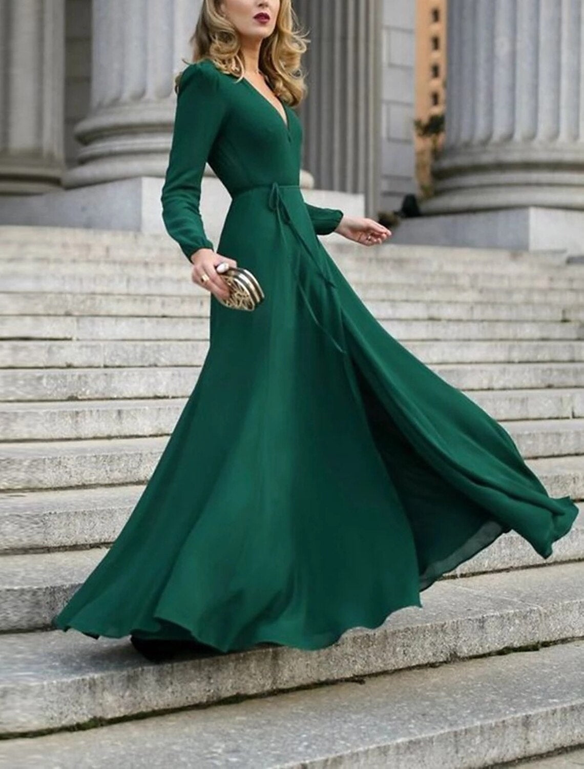 A-Line Minimalist Elegant Wedding Guest Formal Evening Dress V Neck Long Sleeve Floor Length Stretch Chiffon with Strappy