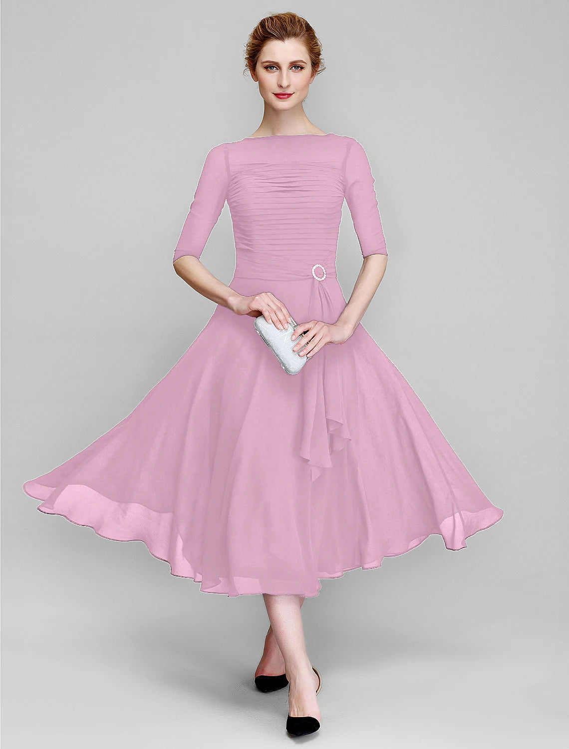 A-Line Mother of the Bride Dress Fall Wedding Guest Dresses Plus Size Elegant Bateau Neck Tea Length Chiffon Half Sleeve