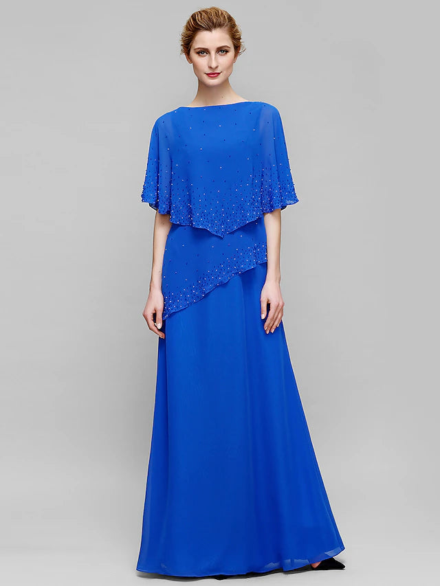 Sheath / Column Mother of the Bride Dress Elegant Bateau Neck Floor Length Chiffon Sleeveless