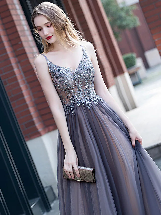 A-Line Minimalist Elegant Party Wear Prom Dress V Neck Sleeveless Floor Length Tulle with Pleats