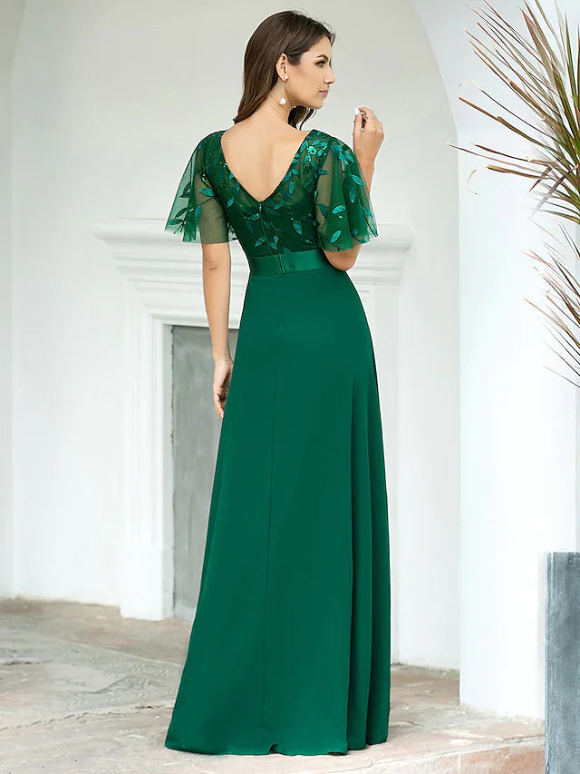 A-Line Prom Dresses Empire Dress Evening Party Floor Length Short Sleeve Jewel Neck Chiffon V Back
