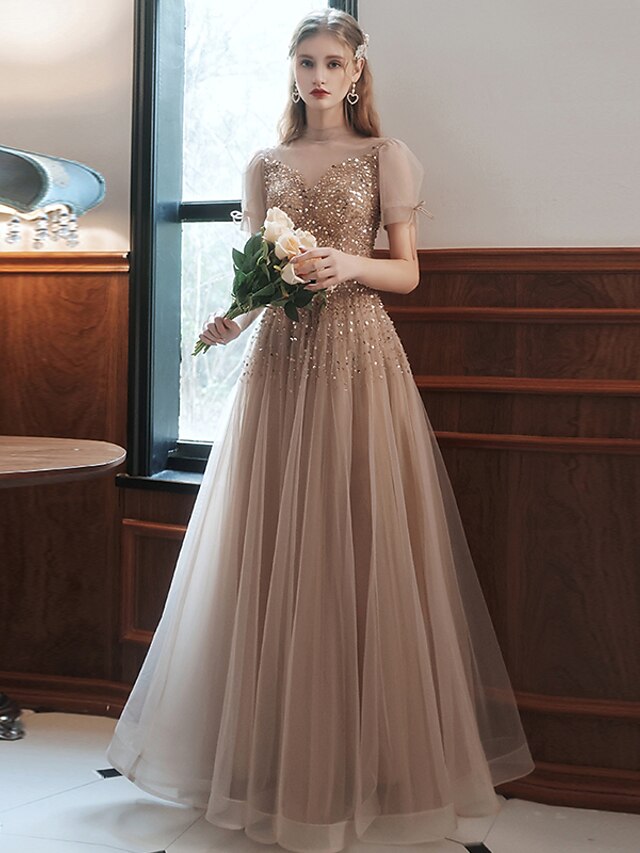 A-Line Prom Dresses Sparkle Dress Engagement Floor Length Sleeveless High Neck Tulle with Bow(s) Beading