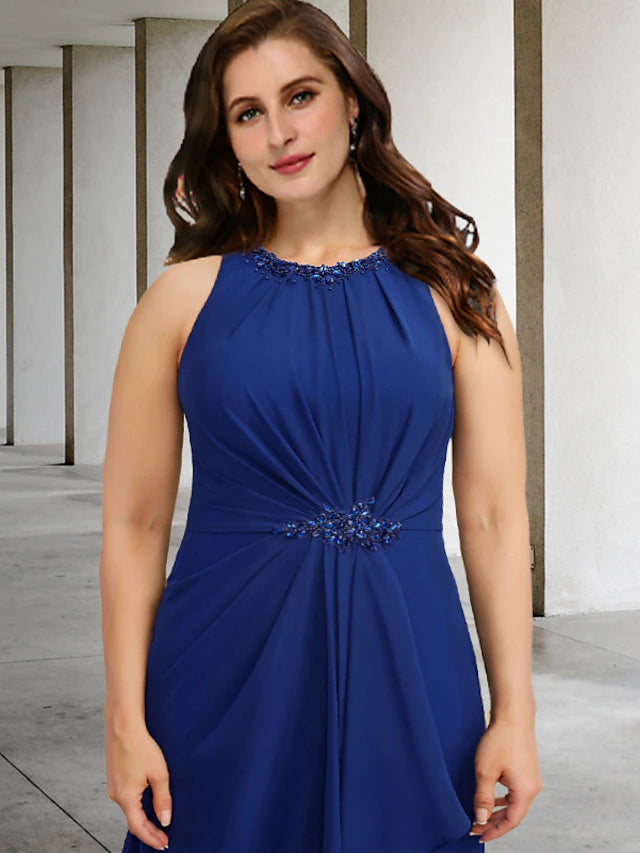 Two Piece A-Line Plus Size Curve Mother of the Bride Dresses Elegant Dress Formal Floor Length Sleeveless Jewel Neck Chiffon with Pleats