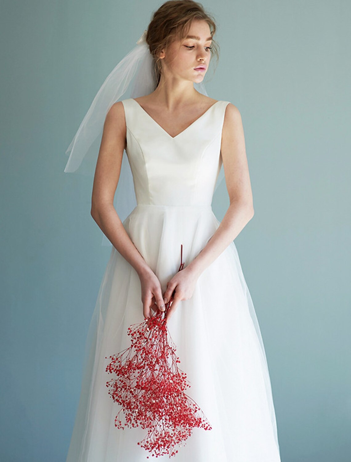 Reception Little White Dresses Wedding Dresses A-Line V Neck Sleeveless Tea Length Satin Bridal Gowns