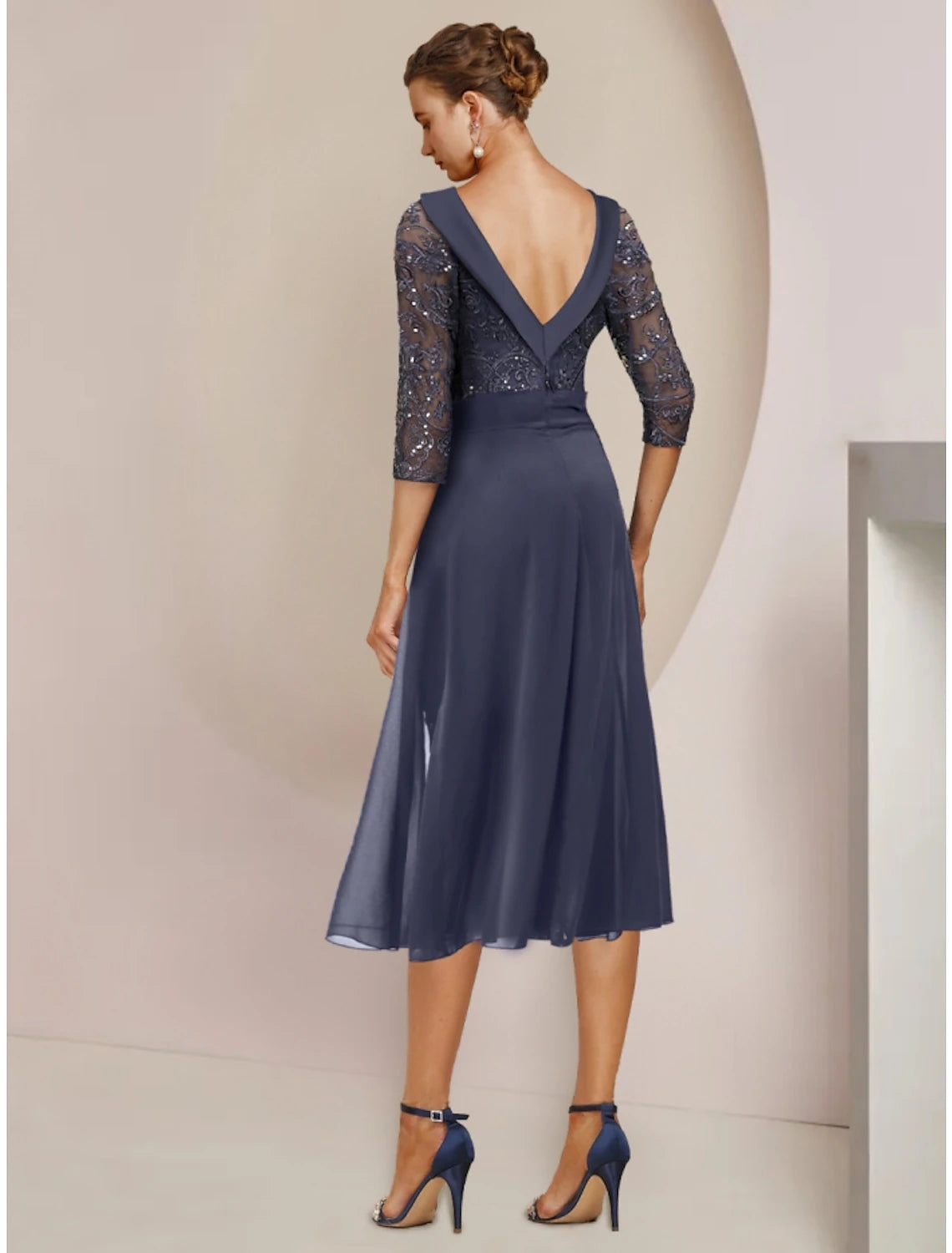 A-Line Mother of the Bride Dress Wedding Guest Elegant Petite Scoop Neck Knee Length Stretch Chiffon 3/4 Length Sleeve with Bow(s)