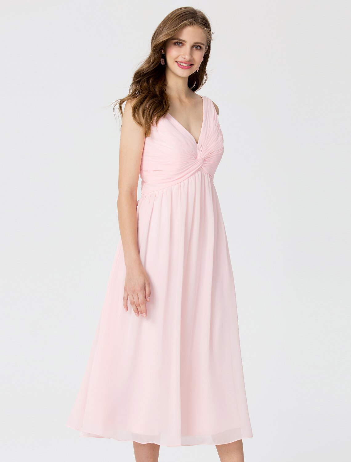 Ball Gown / A-Line V Neck Tea Length Chiffon Bridesmaid Dress with Criss Cross