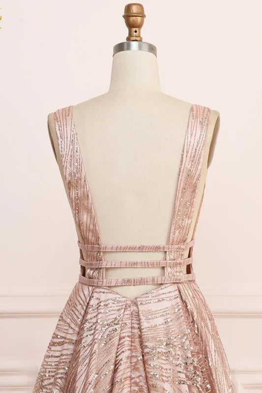 A Line Deep V Neck Sequins Glitter Sleeveless Prom Dress Sparkly Evening Dress Sexy