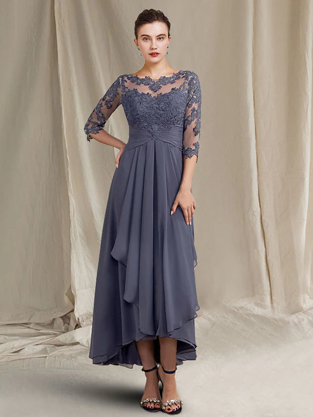 A-Line Mother of the Bride Dress Plus Size Elegant High Low Jewel Neck Asymmetrical Tea Length Chiffon Lace Half Sleeve with Ruched