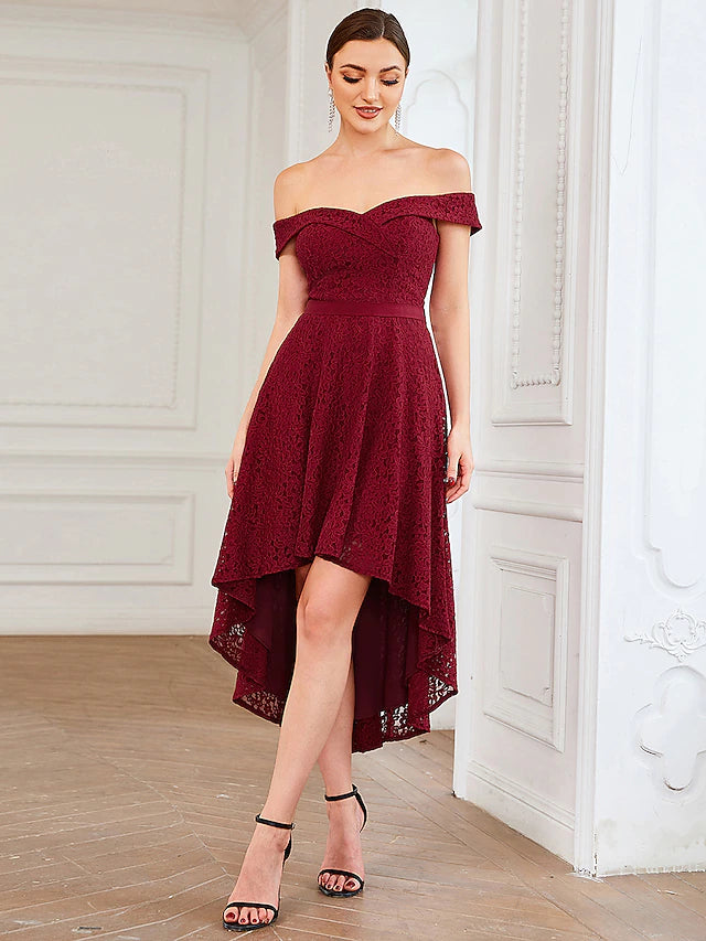 A-Line Homecoming Dresses Vintage Dress Homecoming Asymmetrical Sleeveless Off Shoulder Lace with Pleats