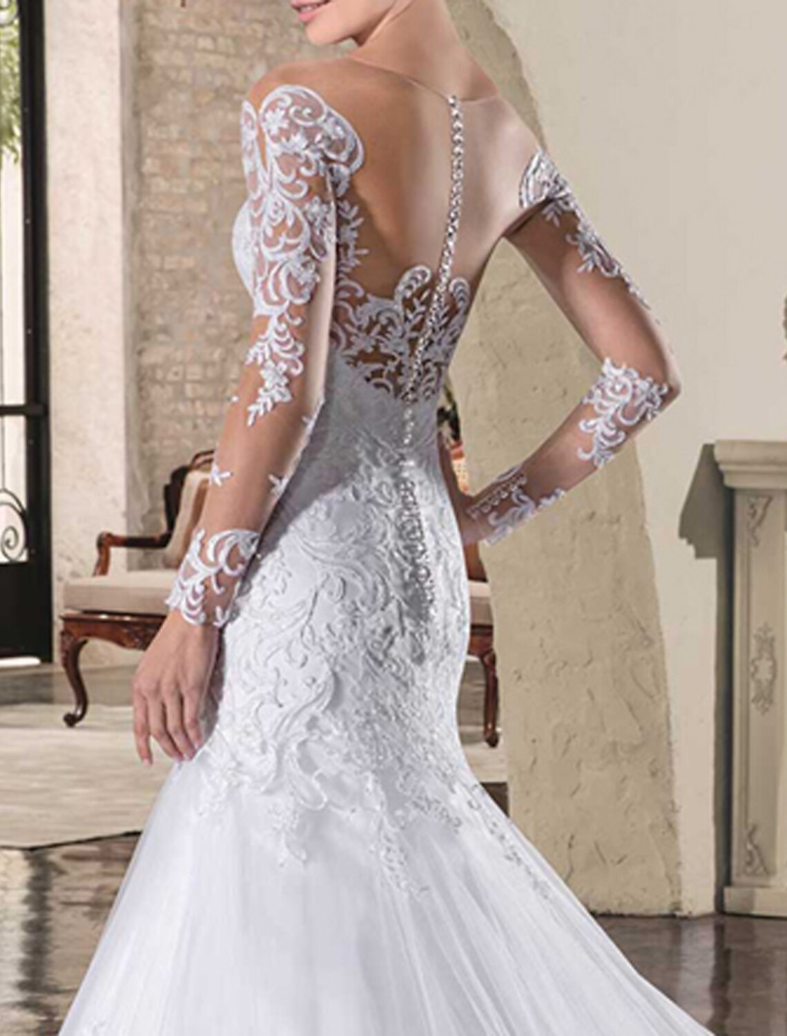 Engagement Open Back Formal Fall Wedding Dresses Mermaid / Trumpet Illusion Neck Long Sleeve Court Train Lace Bridal Gowns