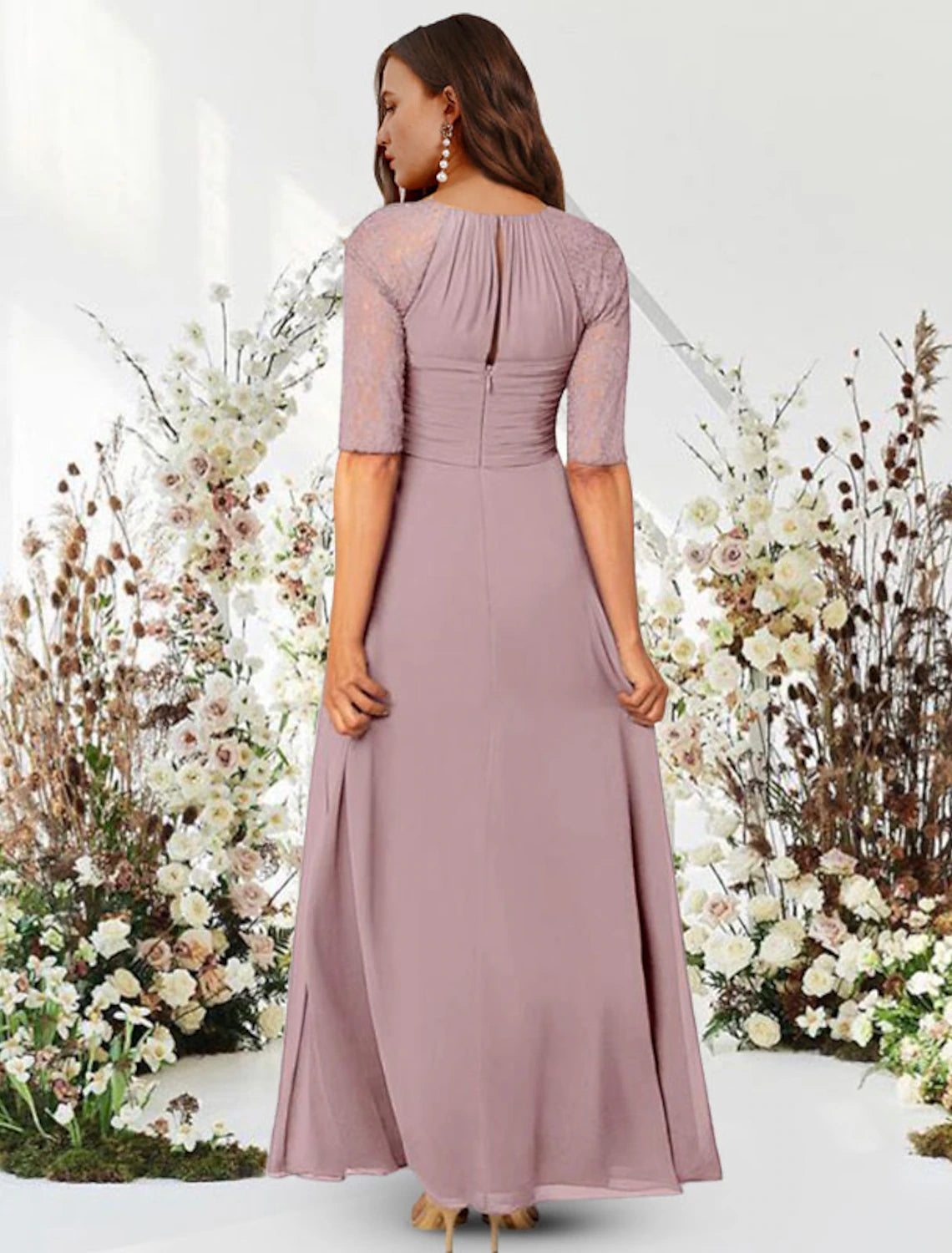 A-Line Evening Gown Elegant Dress Wedding Guest Formal Evening Floor Length Half Sleeve Jewel Neck Chiffon