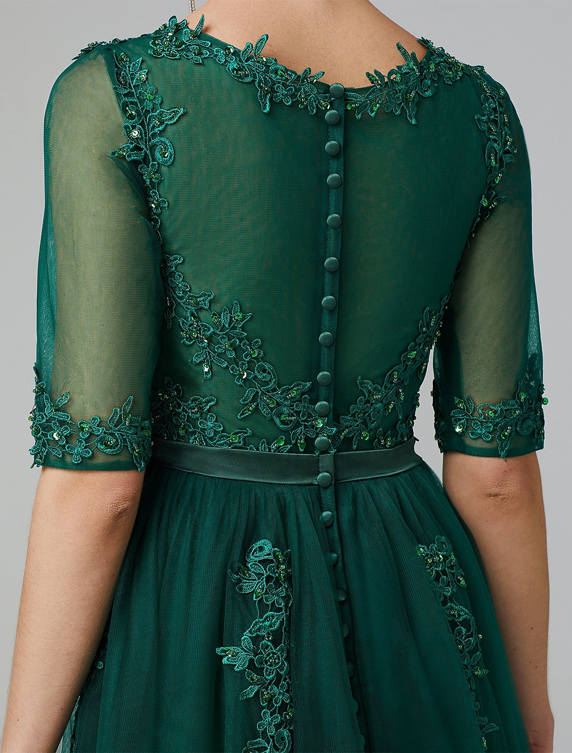 A-Line Sparkle Dress Formal Evening Kentucky Derby Tea Length Sleeveless Illusion Neck Fall Wedding Guest Lace Over Tulle with Sequin