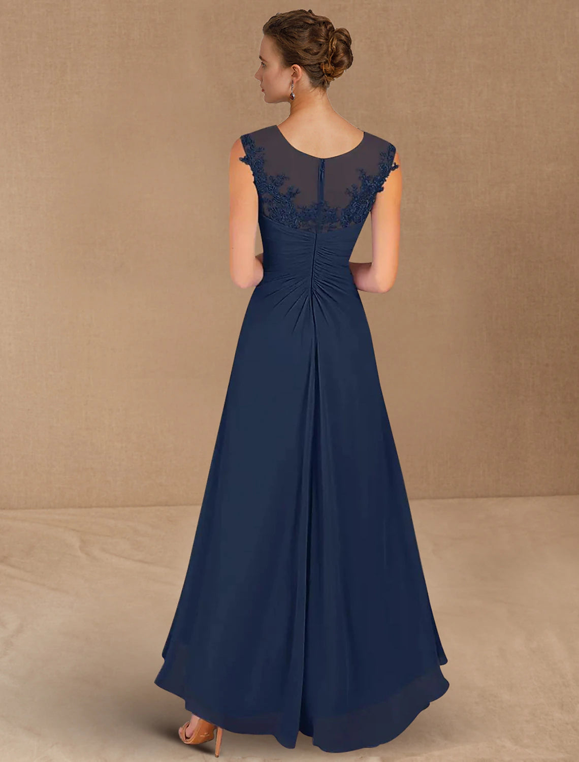 A-Line Mother of the Bride Dress Formal Wedding Guest Elegant Jewel Neck Asymmetrical Chiffon Sleeveless with Lace Sequin