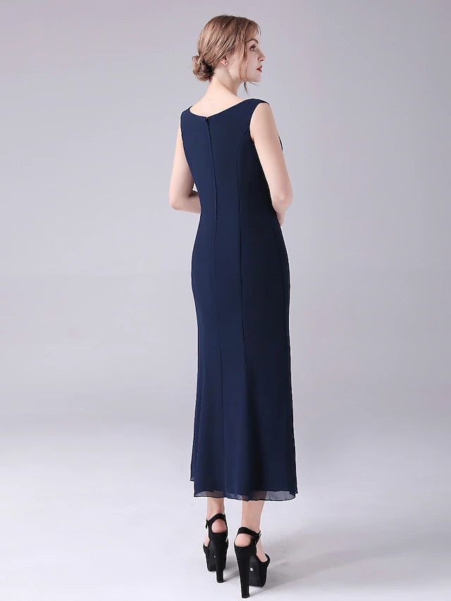 A-Line Mother of the Bride Dress Elegant Sweet Jewel Neck Ankle Length Chiffon Sleeveless