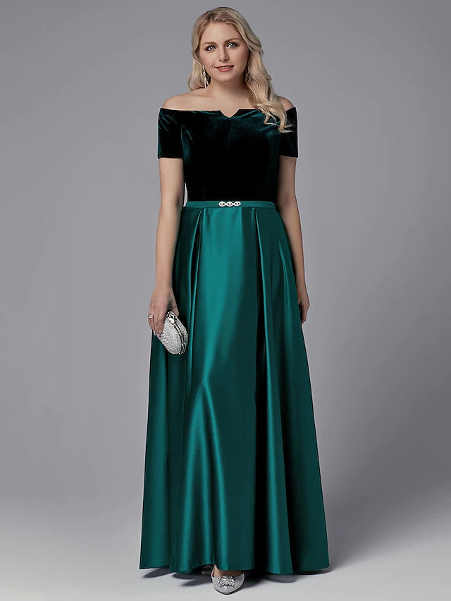 A-Line Special Occasion Dresses Elegant Dress Wedding Guest Floor Length Short Sleeve Off Shoulder Satin
