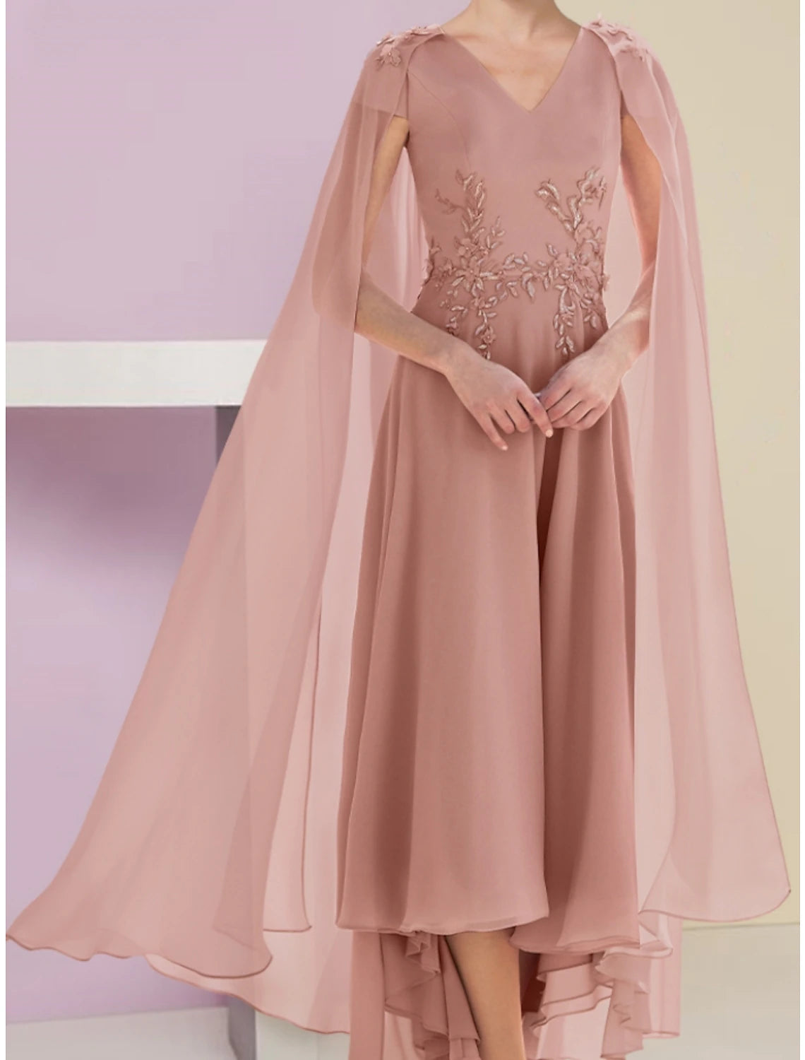 A-Line Mother of the Bride Dress Wedding Guest Elegant V Neck Asymmetrical Ankle Length Chiffon Lace Short Sleeve with Ruching