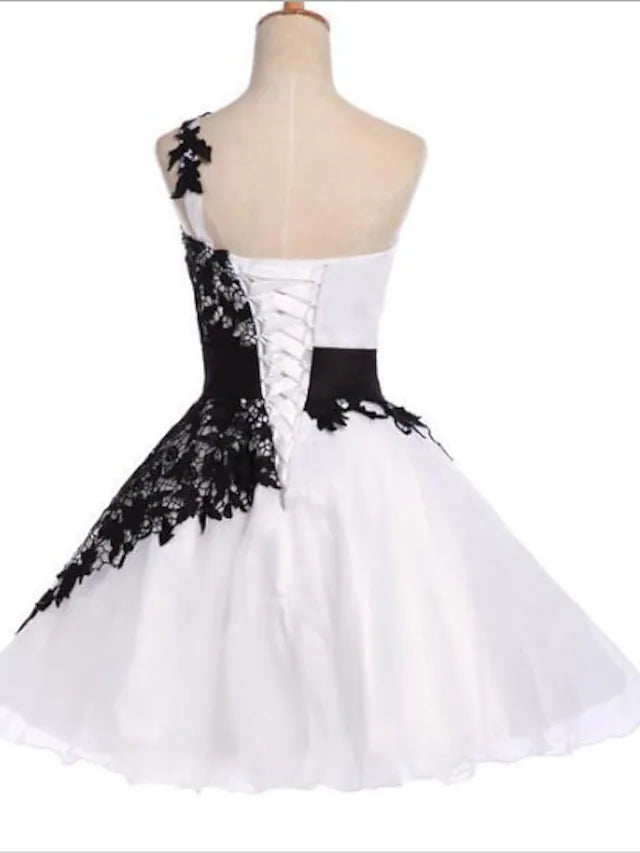 A-Line Color Block White Party Wear Cocktail Party Dress One Shoulder Sleeveless Short / Mini Chiffon