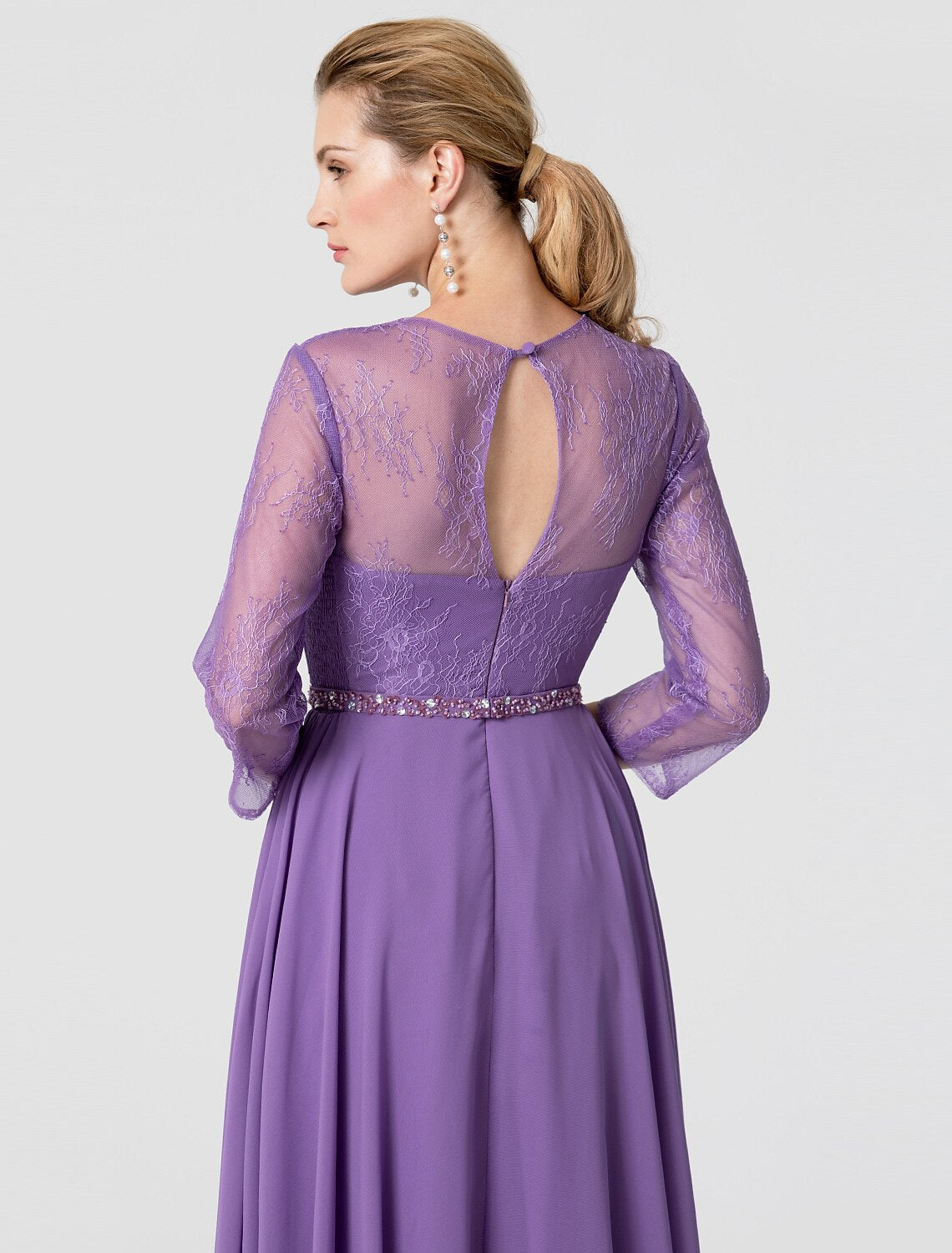 A-Line Elegant Holiday Cocktail Party Formal Evening Dress V Neck 3/4 Length Sleeve Floor Length Chiffon Lace with Sash / Ribbon Beading