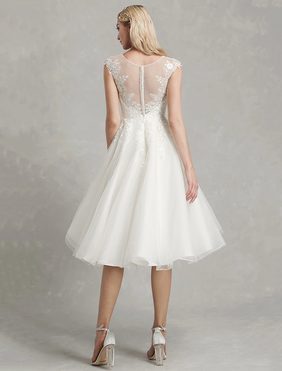 Reception Little White Dresses Wedding Dresses A-Line Illusion Neck Cap Sleeve Knee Length Lace Bridal Gowns