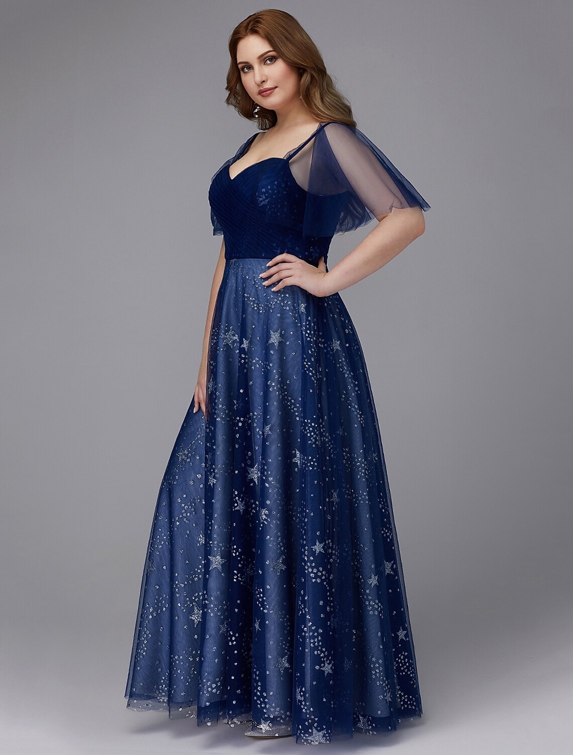 A-Line Plus Size Dress Wedding Guest Prom Floor Length Short Sleeve Sweetheart Tulle Lace-up with Beading Pattern