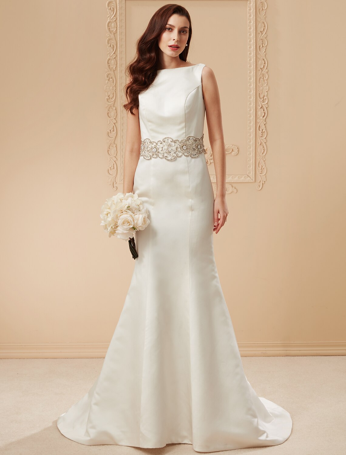 Wedding Dresses Chapel Train Mermaid / Trumpet Sleeveless Scoop Neck Satin