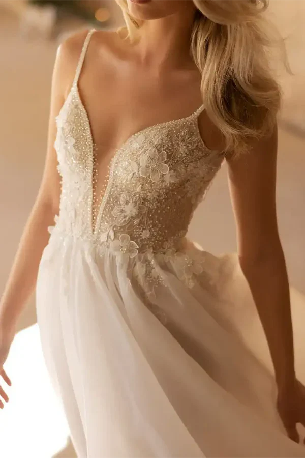 A-line illusion V-neck 3D sticker rural style wedding dress Sexy Beautiful