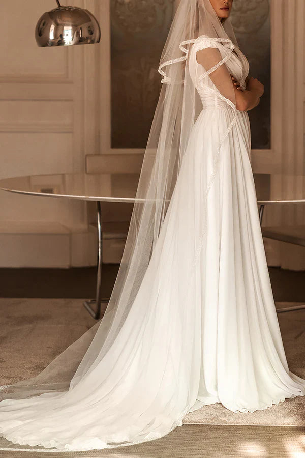 A-neck V-neck bead chiffon pleated slit beach wedding dress Sexy