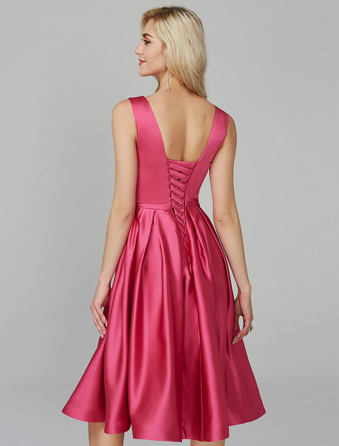A-Line Party Dress Wedding Guest Knee Length Sleeveless V Wire Barbiecore Satin with Sash