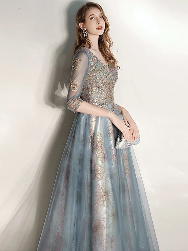A-Line Prom Dresses Elegant Dress Engagement Floor Length Half Sleeve V Neck Tulle with Pleats Pattern / Print