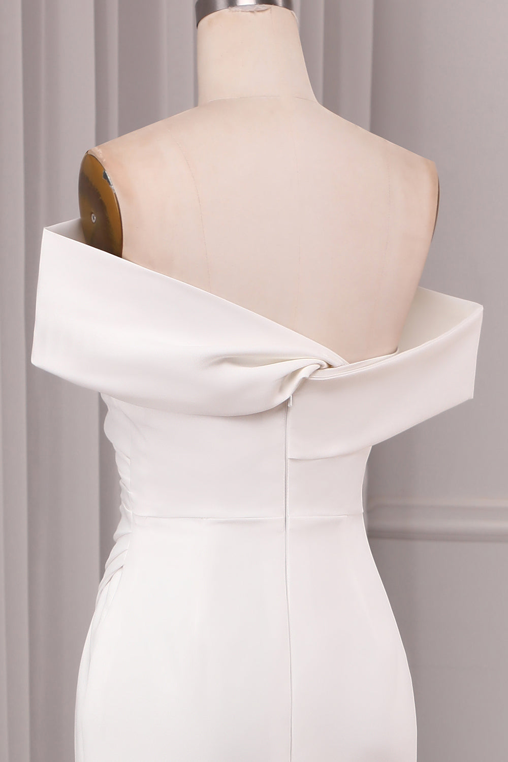 Ivory Mermaid Straight Neck Sweep Train Satin Bridal Dress with Slit Off Shoulder