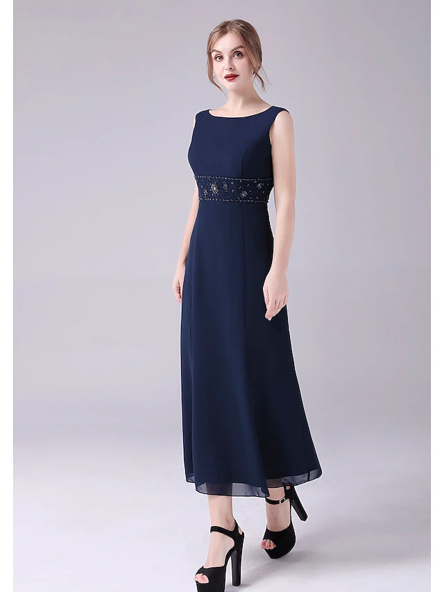 A-Line Mother of the Bride Dress Elegant Sweet Jewel Neck Ankle Length Chiffon Sleeveless