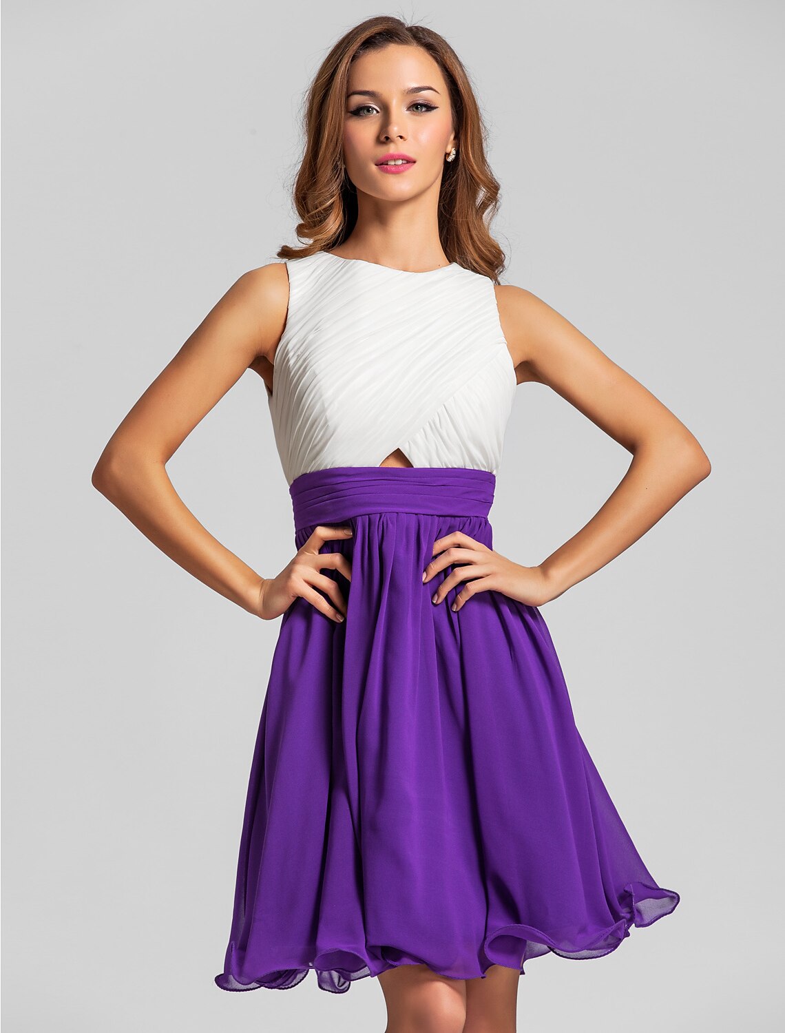 A-Line Jewel Neck Short / Mini Chiffon Bridesmaid Dress with Criss Cross