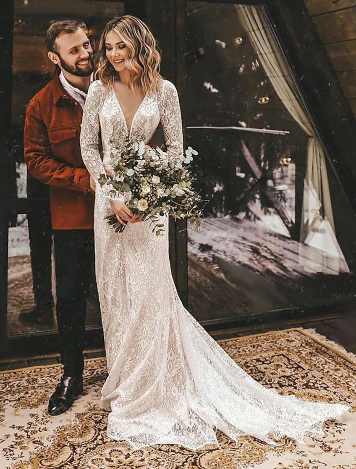 A-Line Wedding Dresses Ankle Length Vintage Little White Dresses Long Sleeve V Neck Chiffon With Solid Color Bridal