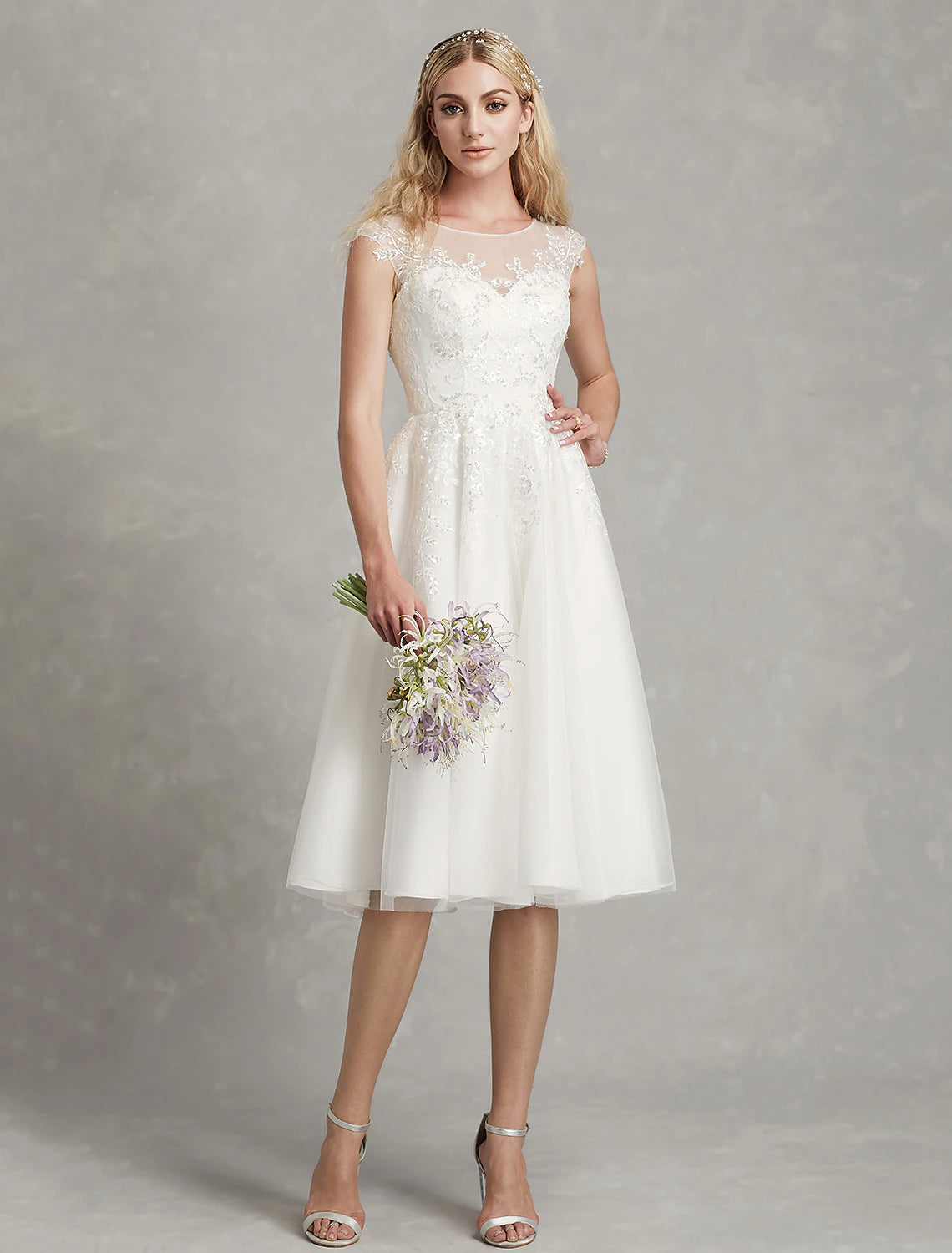 Reception Little White Dresses Wedding Dresses A-Line Illusion Neck Cap Sleeve Knee Length Lace Bridal Gowns