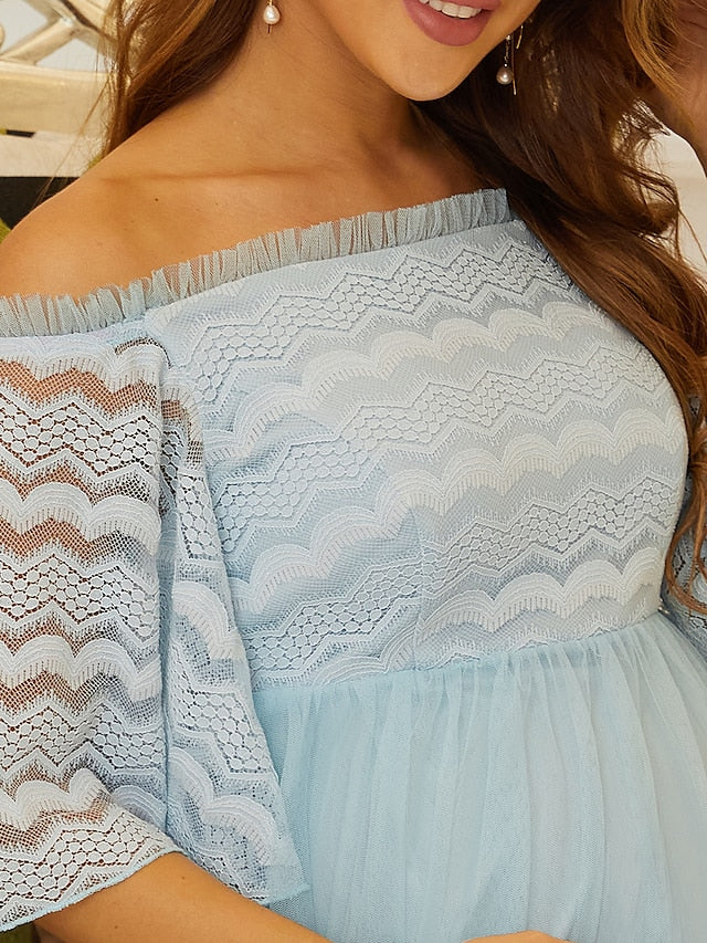 A-Line Mother of the Bride Dress Maternity Elegant Off Shoulder Floor Length Lace Tulle Sleeveless with Tier Beautiful