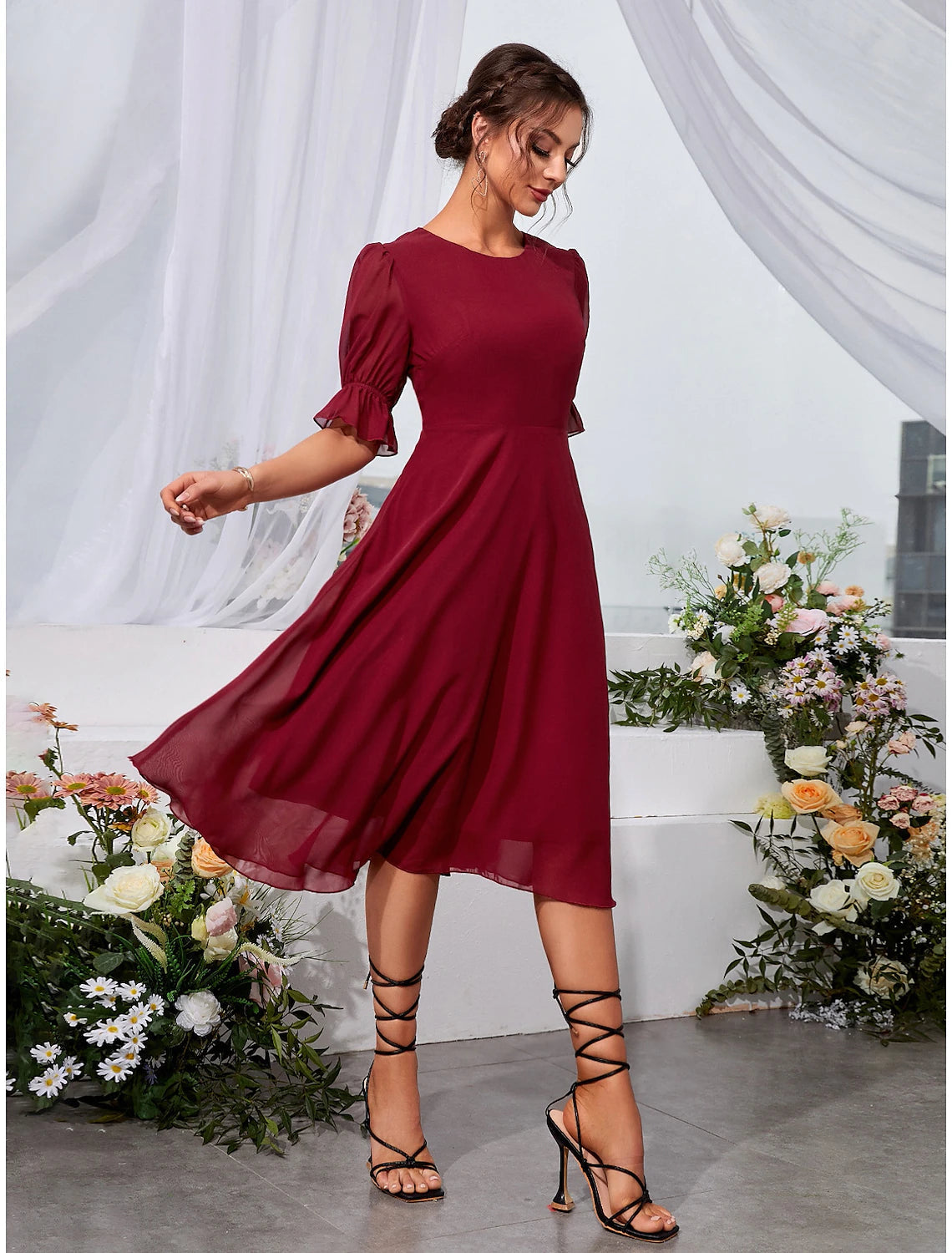 A-Line Wedding Guest Dresses Elegant Dress Holiday Tea Length Half Sleeve Jewel Neck Chiffon