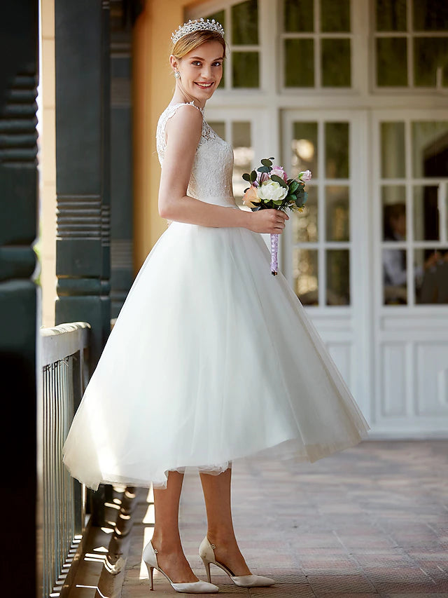 Little White Dresses Wedding Dresses Tea Length A-Line Sleeveless Illusion Neck Lace With Sashes / Ribbons