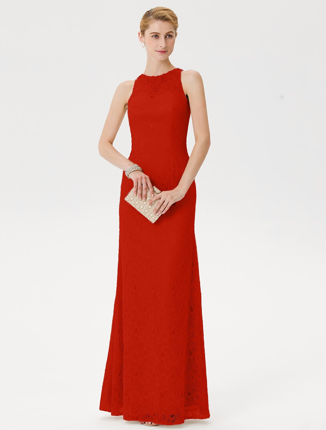 Sheath / Column Mother of the Bride Dress Elegant See Through Illusion Neck Floor Length Lace Sleeveless with Crystals