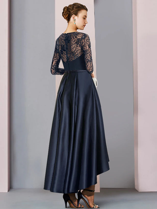 A-Line Mother of the Bride Dress Wedding Guest Vintage Party Jewel Neck Asymmetrical Satin Lace Sequined Half Sleeve