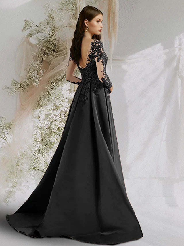 A-Line Beautiful Back Sexy Floral Prom Formal Evening Dress Boat Neck Long Sleeve Sweep / Brush Train Satin