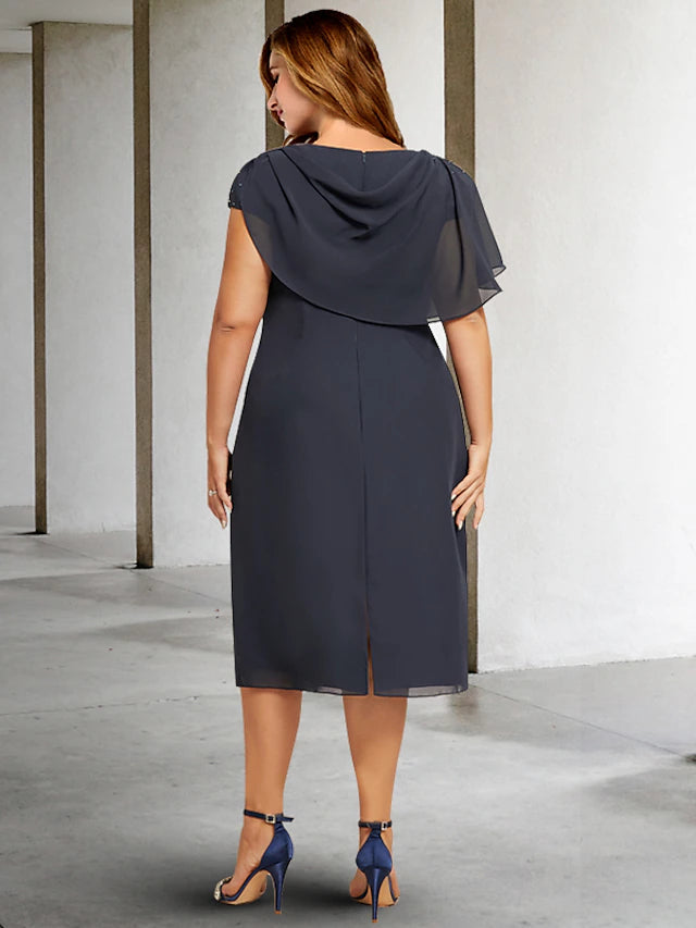 A-Line Plus Size Curve Mother of the Bride Dresses Plus Size Dress Formal Tea Length Short Sleeve Jewel Neck Chiffon with Ruched Pearls