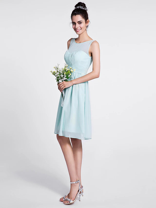 A-Line Bridesmaid Dress Scoop Neck Sleeveless Knee Length Chiffon with Ruched / Draping A-Line Bridesmaid Dress Scoop Neck Sleeveless Knee Length Chiffon with Ruched Pure Color